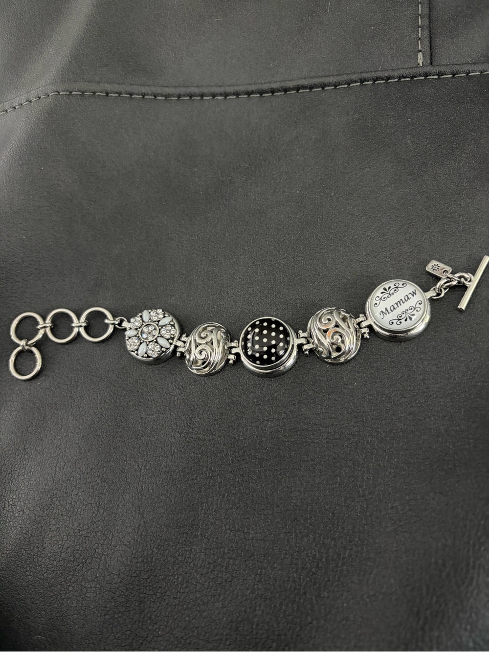 MamaW Silver-Tone Charm Bracelet with Black and Crystal Accents